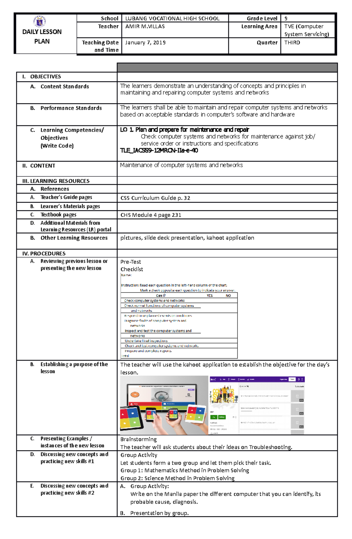 3rd Q Demonstration Lesson Plan for Grade 9 Maintenance and Repair ...