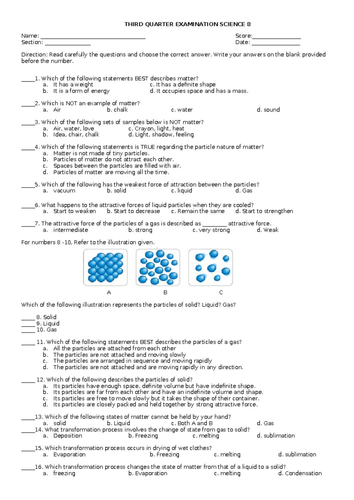 3rd Quarter Summative Test - Copy - THIRD QUARTER EXAMINATION SCIENCE 8 ...
