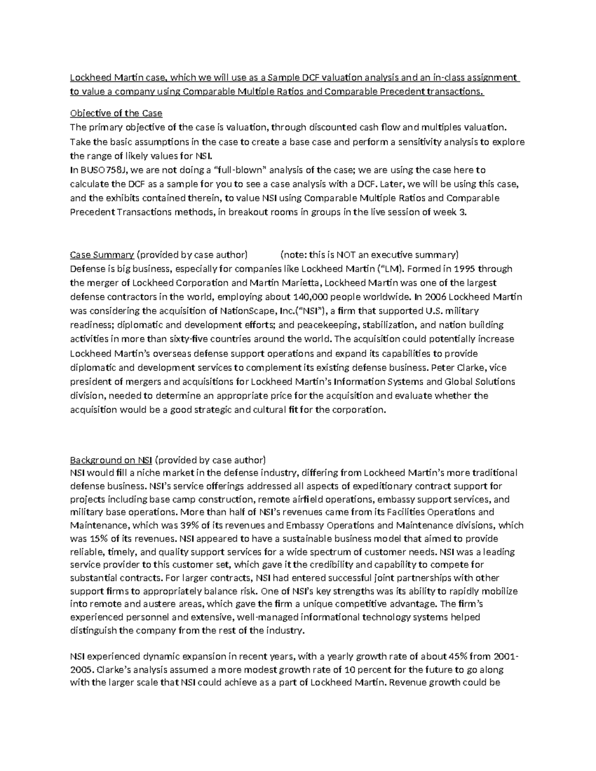 BUSO758J Week 1 Sample DCF Analysis of Lockheed Martin & NSI - Studocu