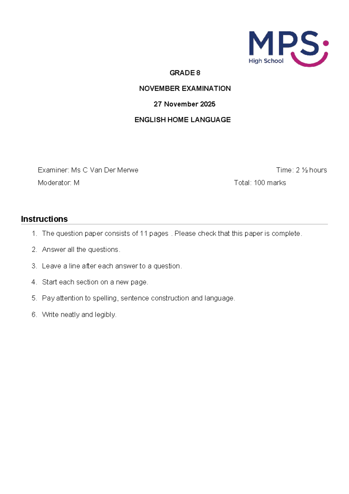 Grade 8 English HL - November Exam Paper 1 2025 - Studocu