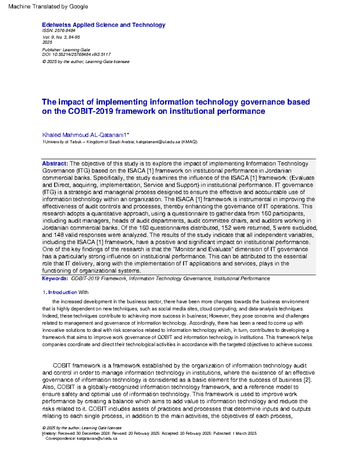Impact of IT Governance Based on ISACA Framework on Institutional ...