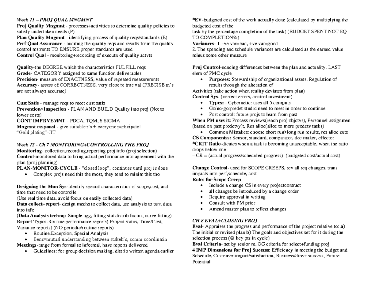 GMS 450 Weeks 11-12 Project Quality Management & Control Notes - Studocu