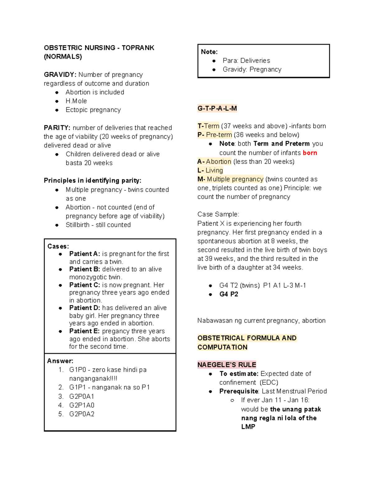 OBSTETRIC NURSING: Gravidy, Parity, and Pregnancy Management Notes ...