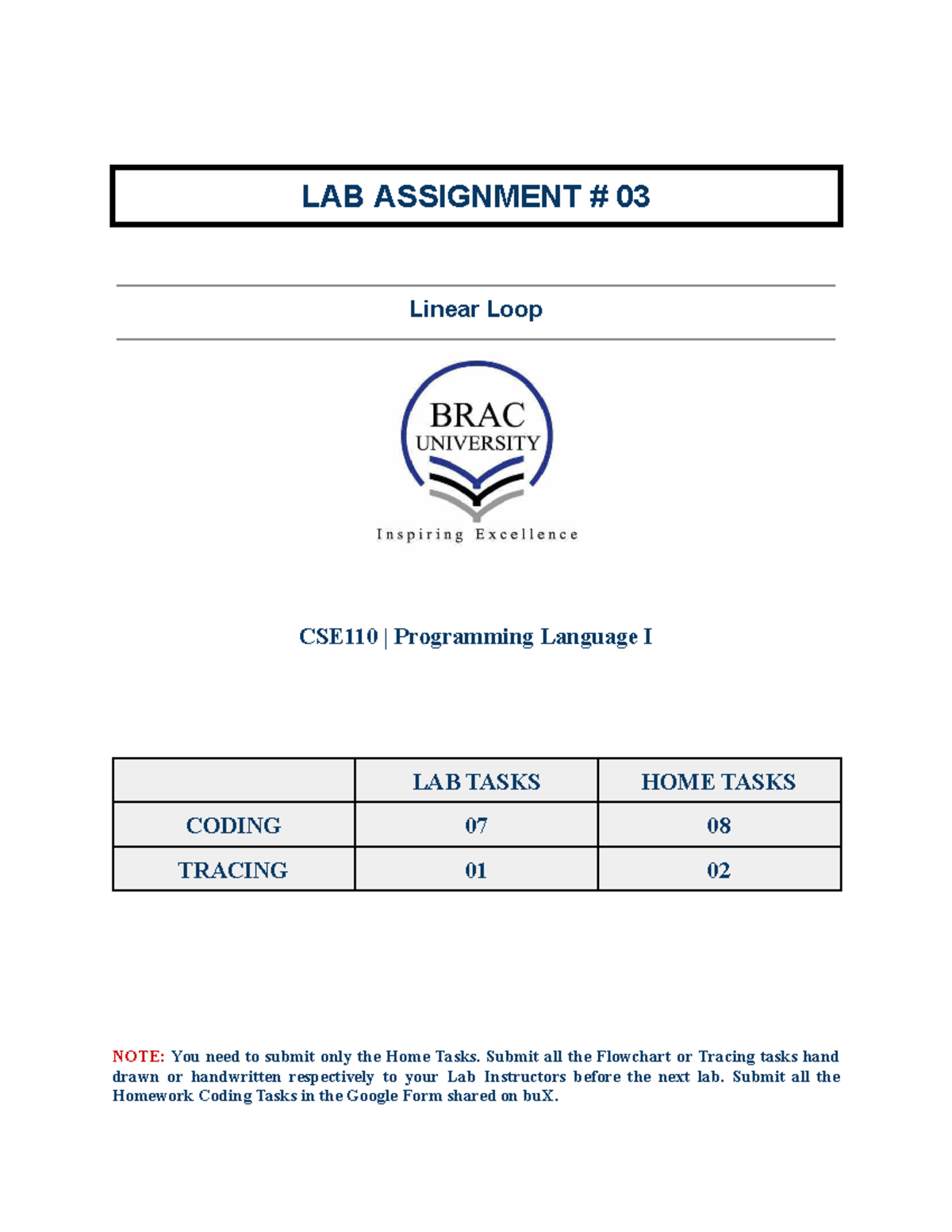 Assignment 03: Linear Loops in CSE110 Programming Language I - Studocu