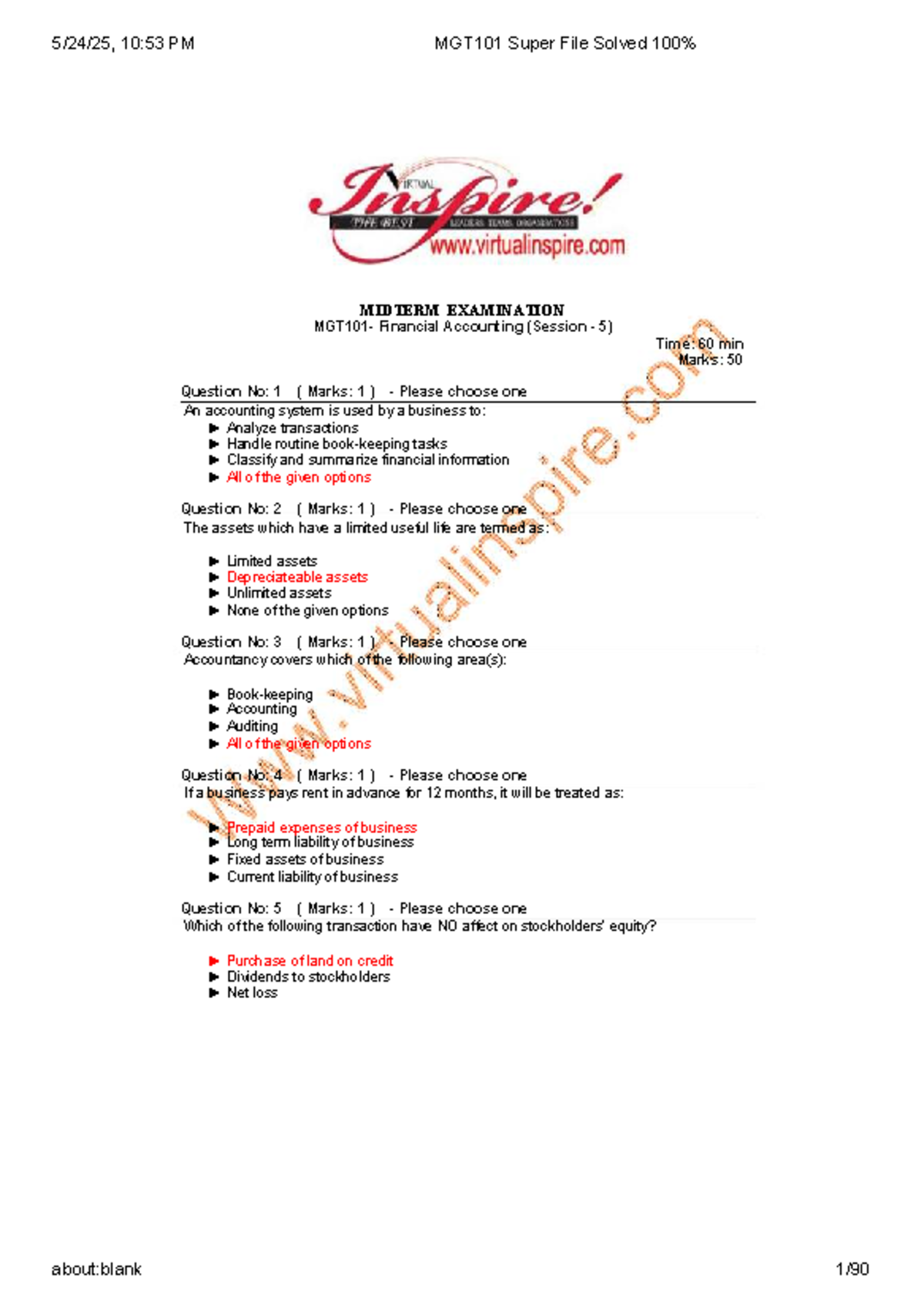 MGT101 Final Exam Solved Questions - Financial Accounting Guide - Studocu