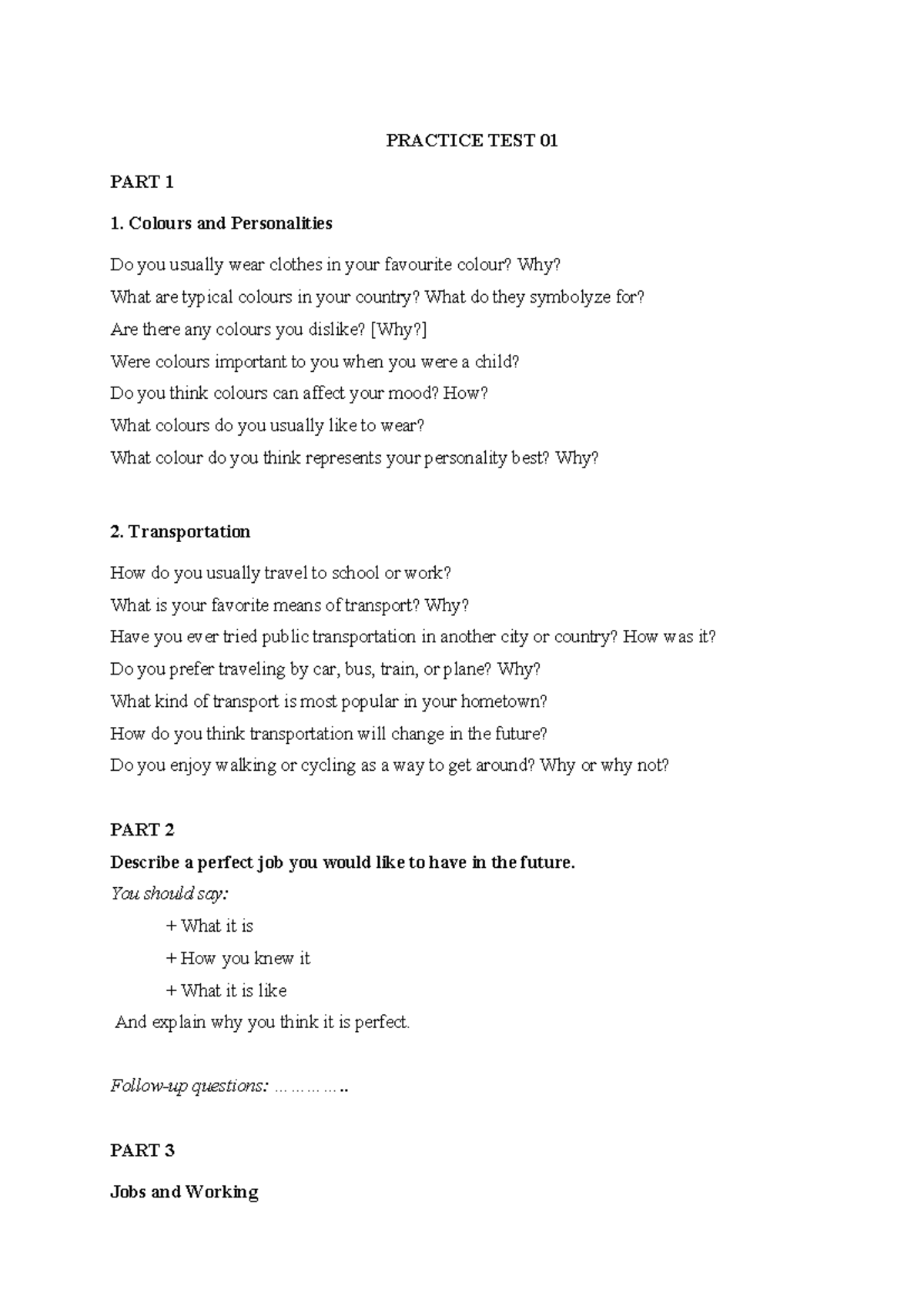 PRACTICE TEST 01-10: Speaking Topics and Questions - Studocu