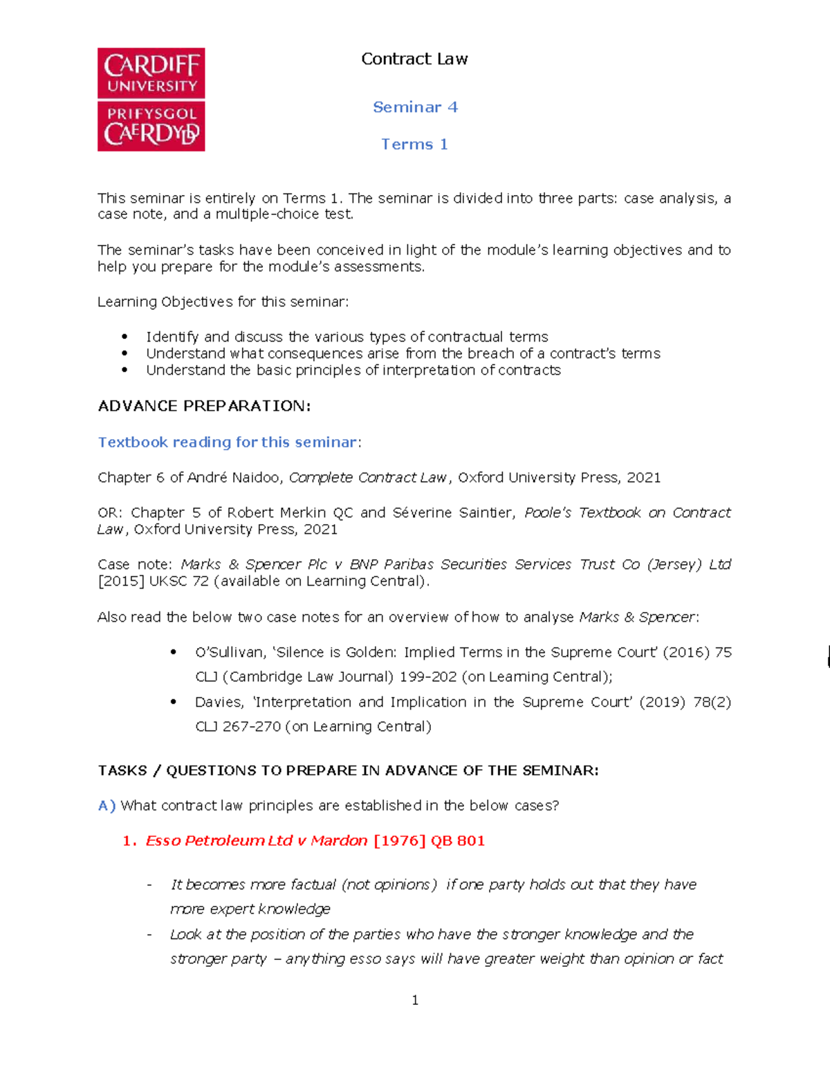 Contract Law Seminar 4: Understanding Terms and Case Analysis - Studocu