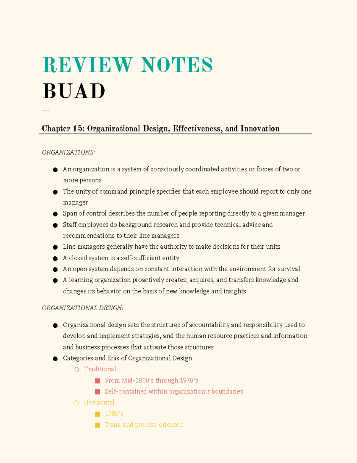 BUAD Notes Chapter 15 - REVIEW NOTES BUAD ___ Chapter 15 ...
