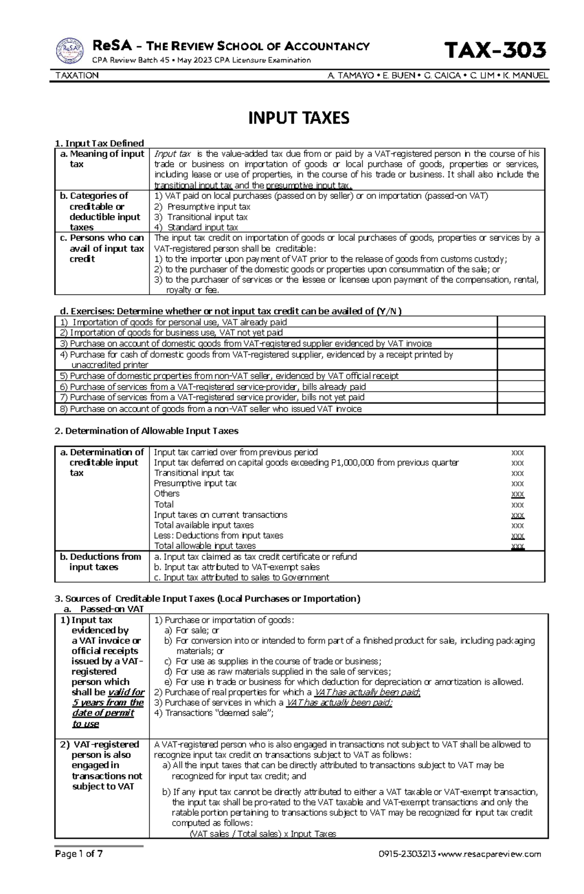 TAX-303 Input Taxes: Comprehensive Guide for CPA Review Batch 45 - Studocu