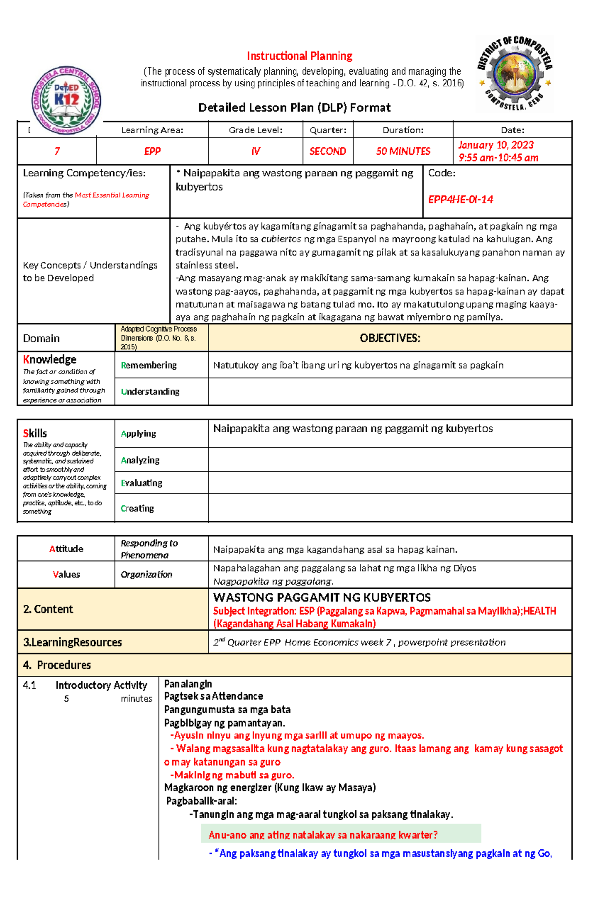 DLP - Detailed Lesson Plan for EPP IV: Proper Use of Kubyertos - Studocu