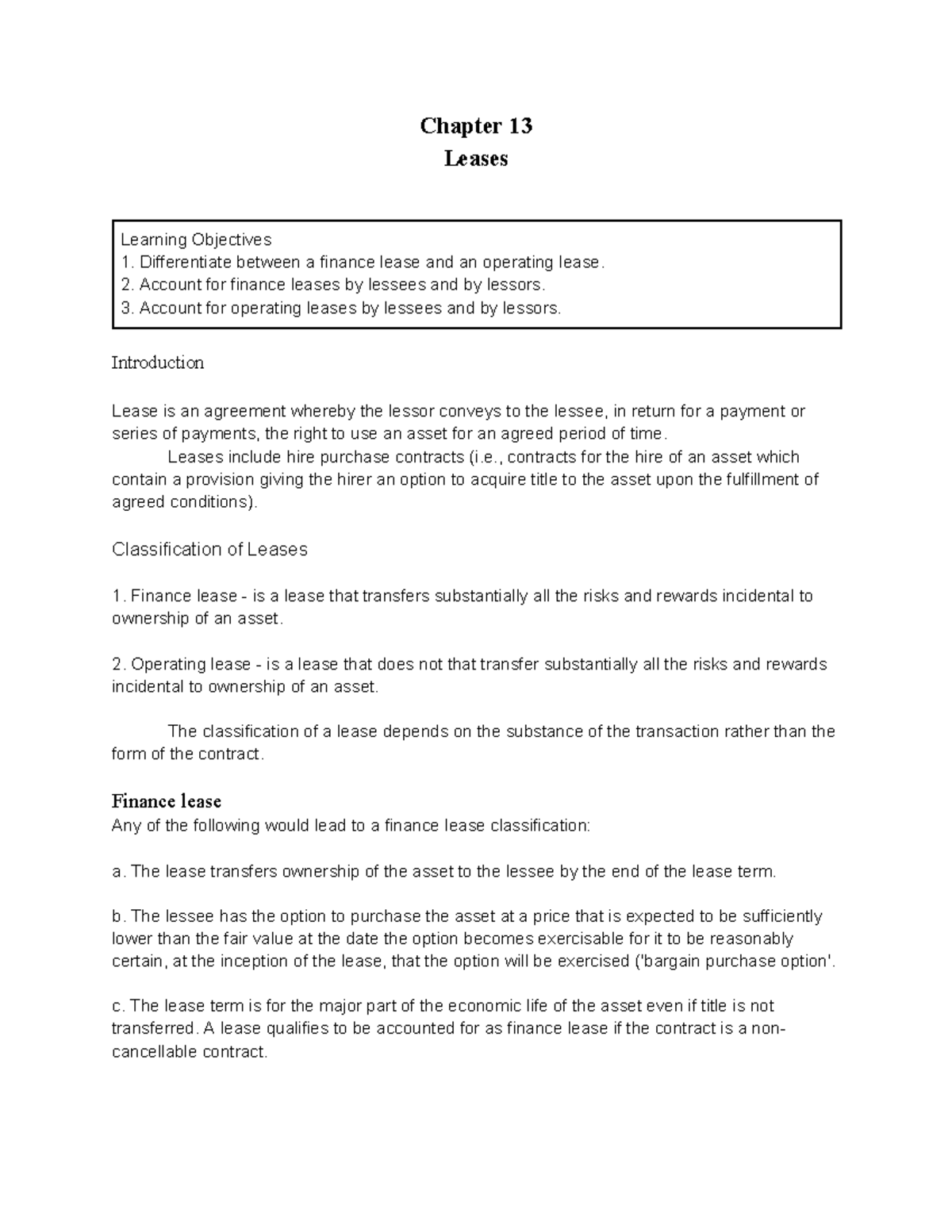 Chapter 13 - Leases: Finance vs Operating Lease Overview - Studocu