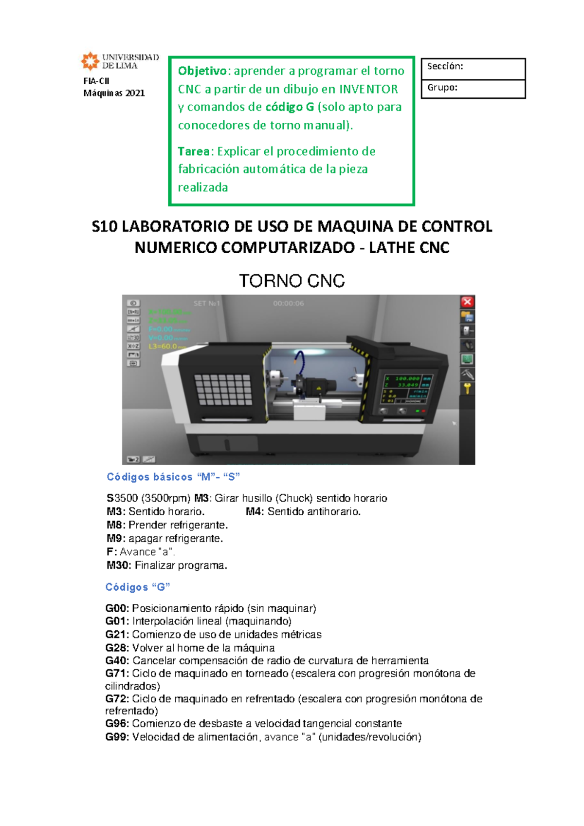 S10 Laboratorio: Programación de Torno CNC y Códigos G - Studocu