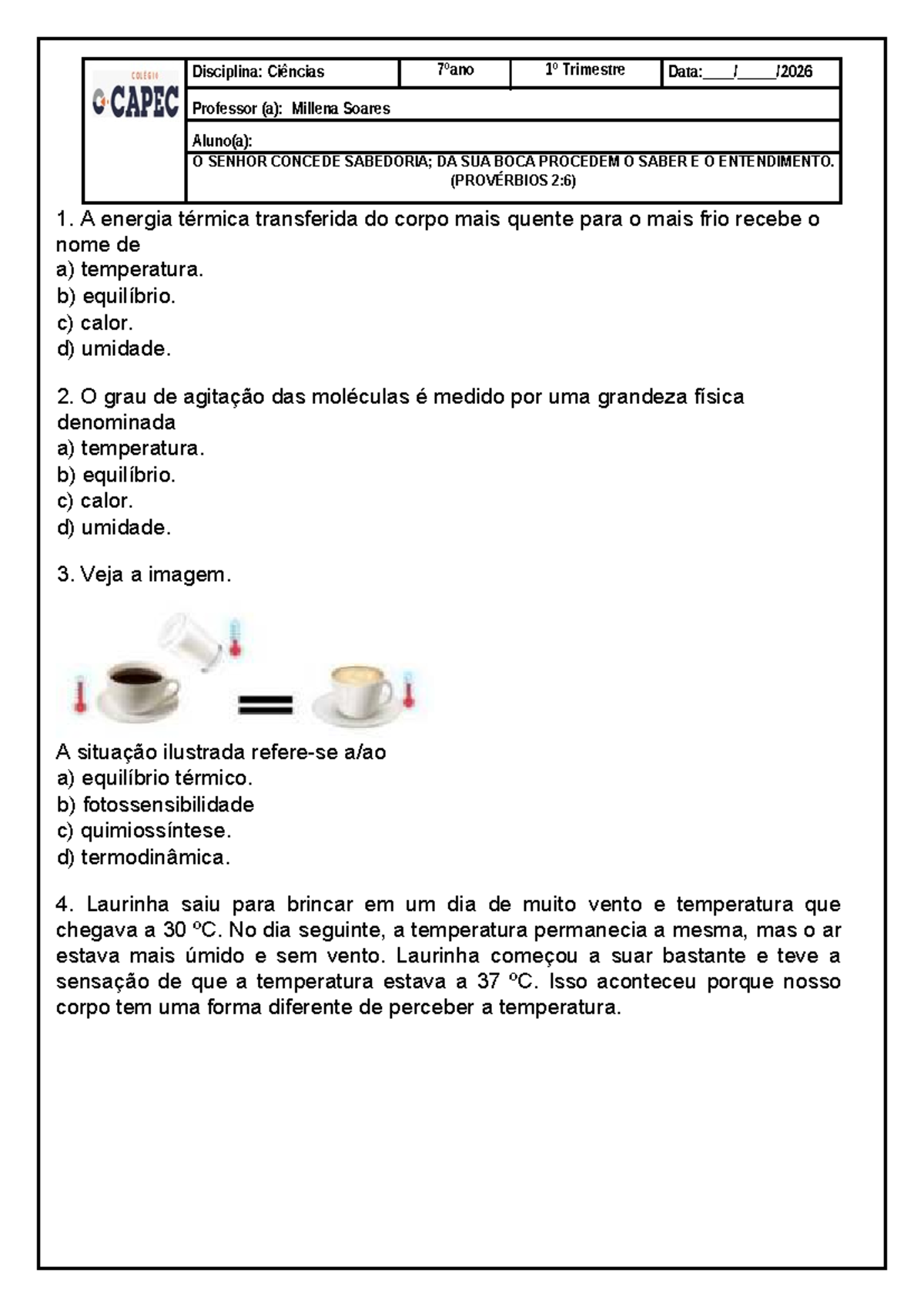 Atividade sobre Calor e Temperatura - Ciências 7º Ano 1º Trimestre ...