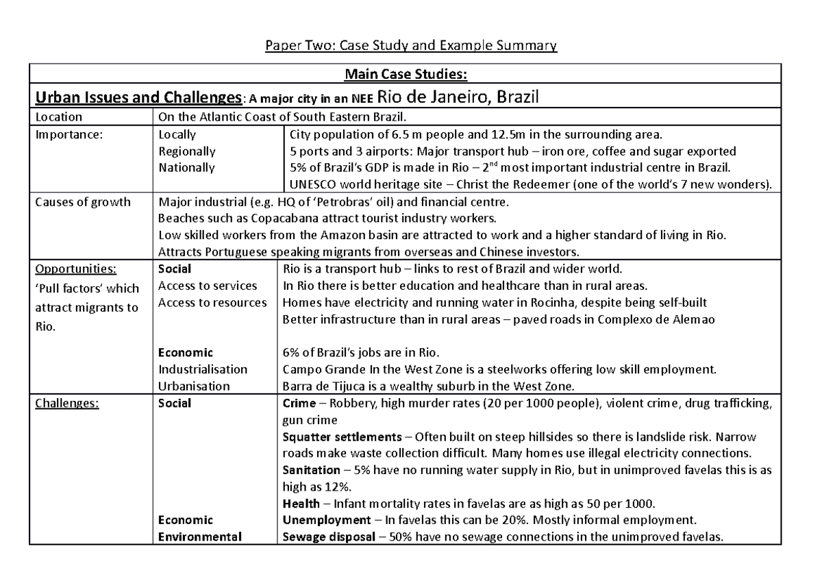 Urban Issues and Challenges: Case Studies of Rio and Manchester - Studocu