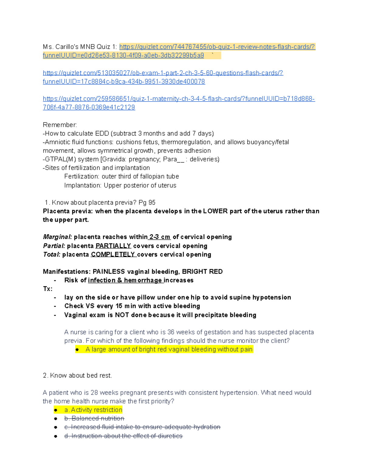 OB 3-5 Quiz Review & Study Guide for Maternity Nursing - Studocu