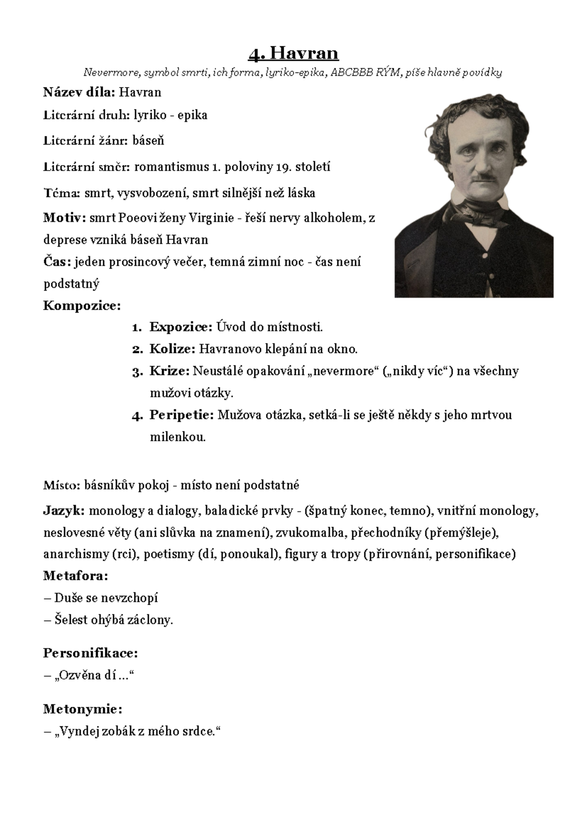 Havran - Edgar Allan Poe: Analýza lyriko-epiky a motivů smrti - Studocu