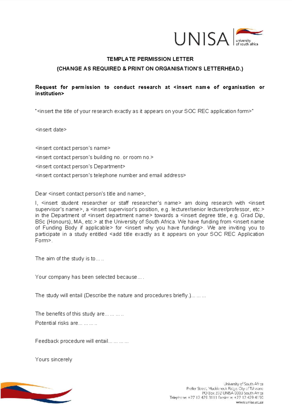 Permission Letter Template for Research Approval (Gatekeeper) - Studocu