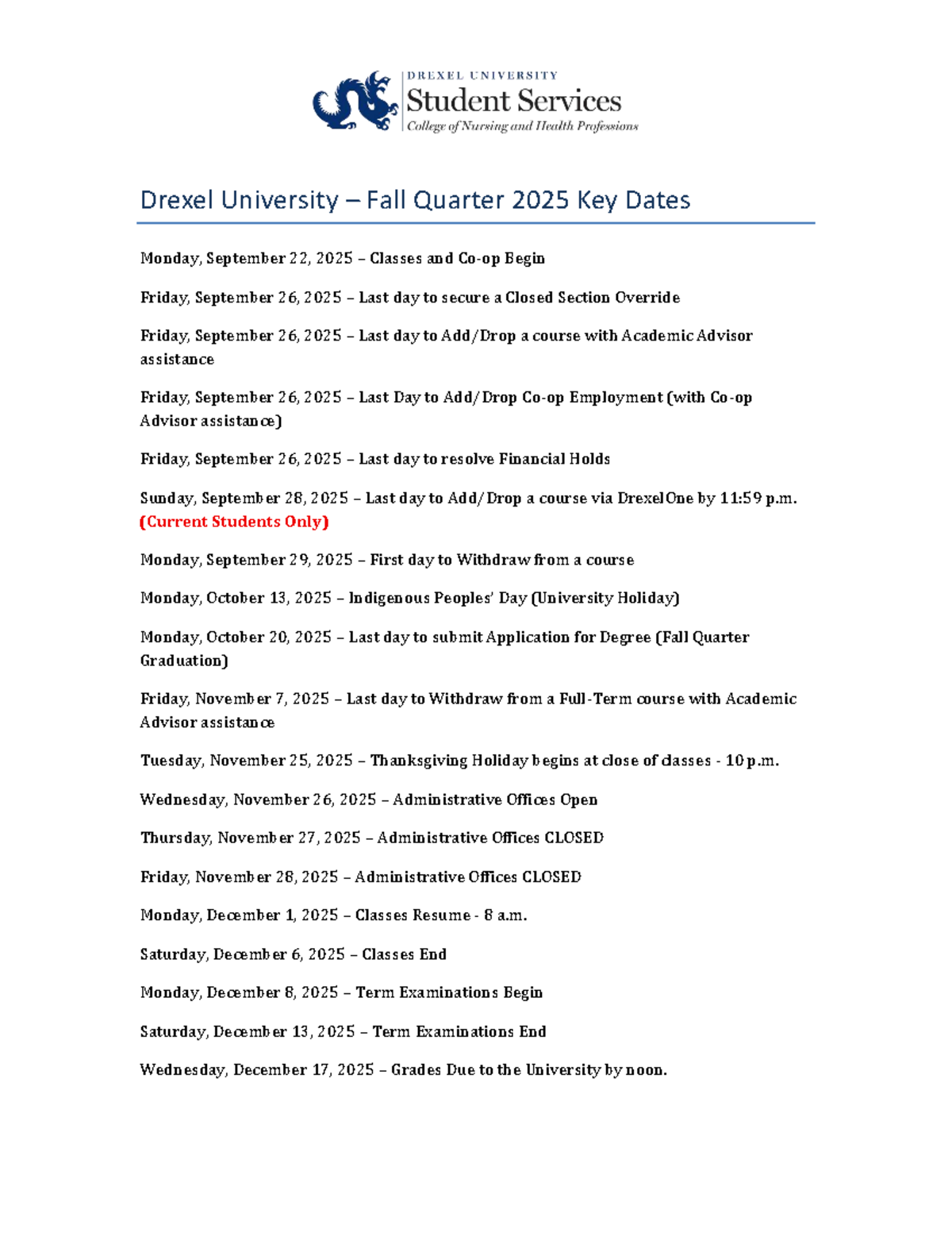 Drexel University Fall Quarter 2025 Important Dates - Studocu