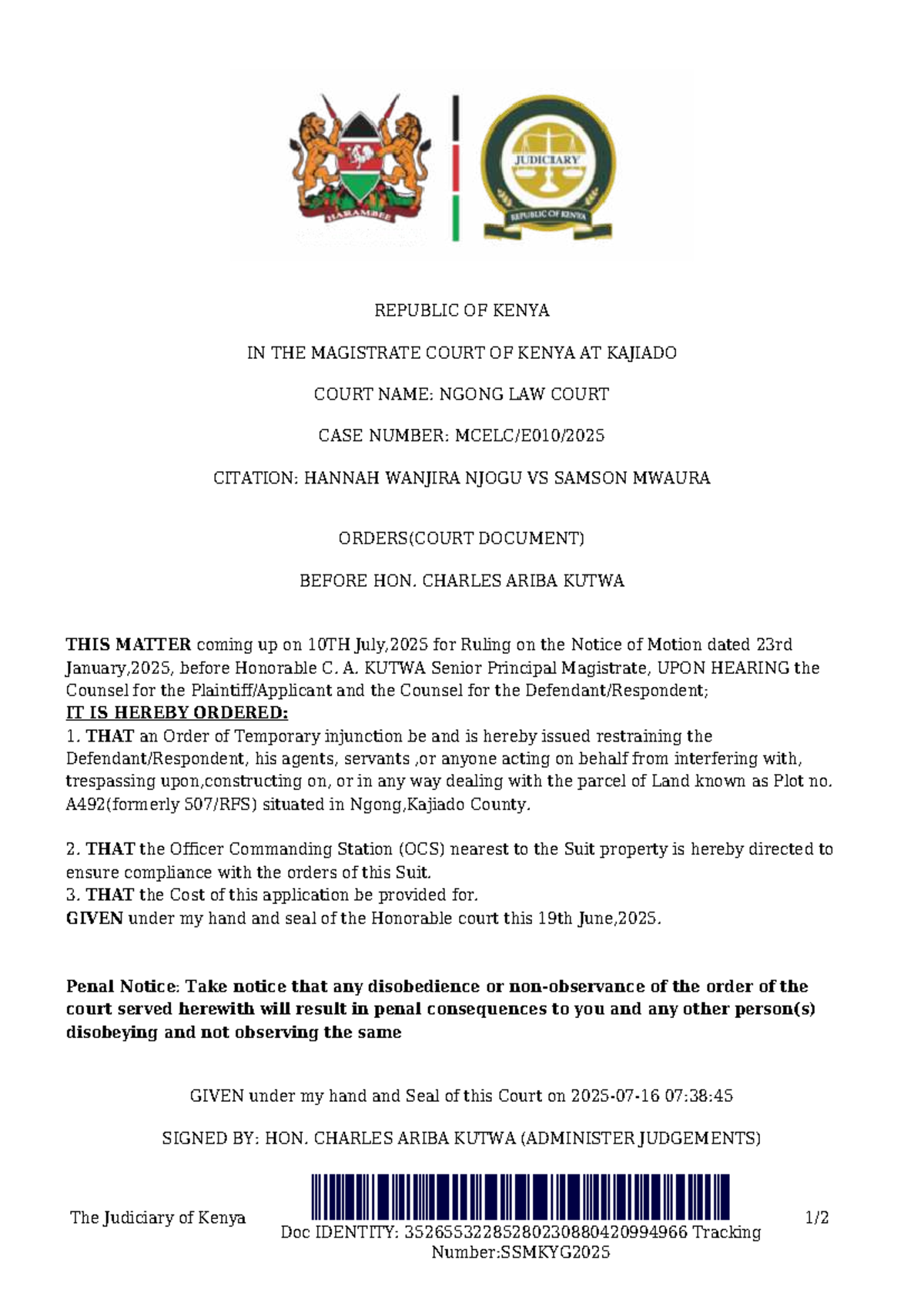 Magistrate Court Ruling: Hannah Wanjira Njogu vs Samson Mwaura ...