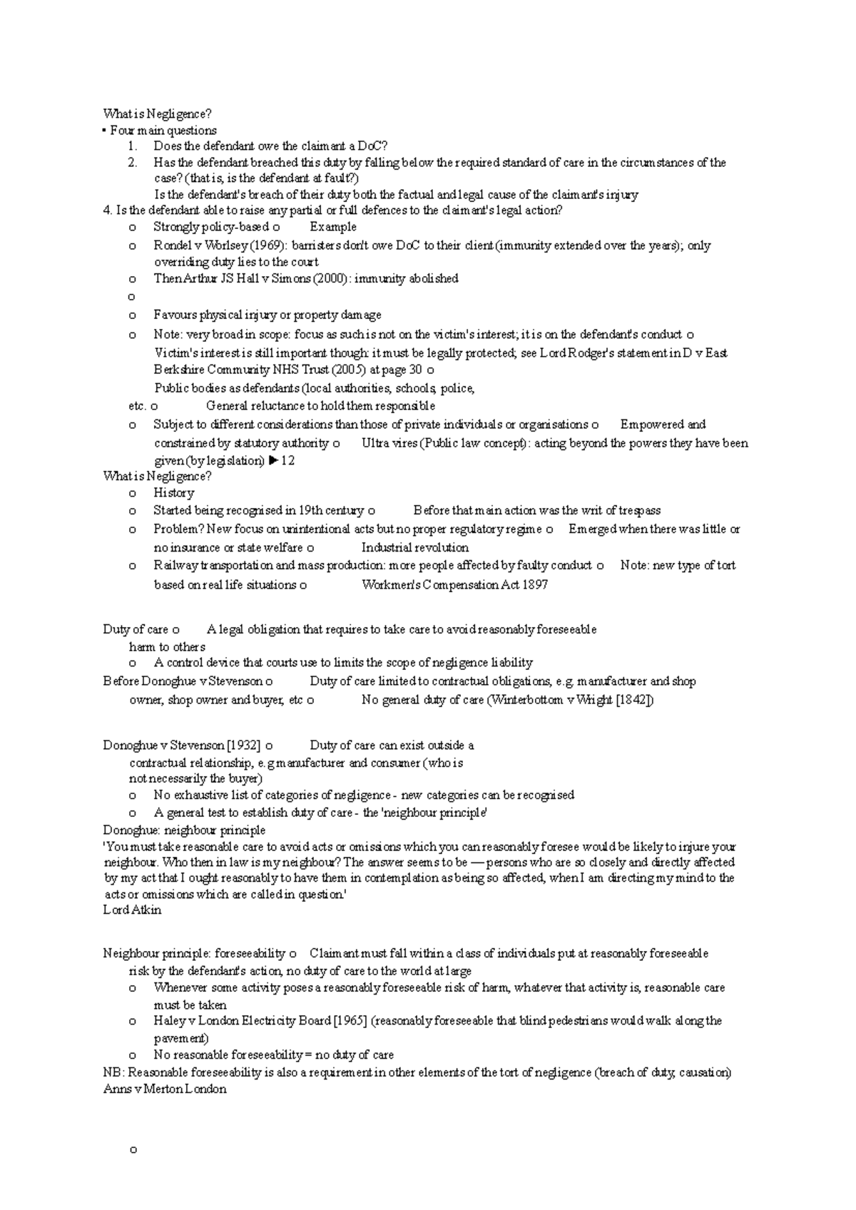Negligence in Tort Law: Key Concepts and Case Analysis (TORT 101) - Studocu