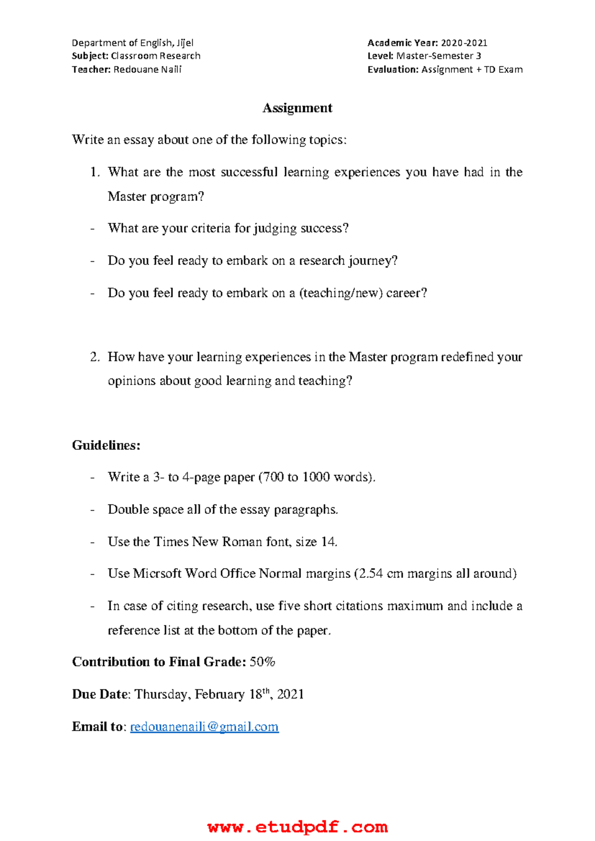 Master-Semester 3 Classroom Research Assignment Overview - Studocu