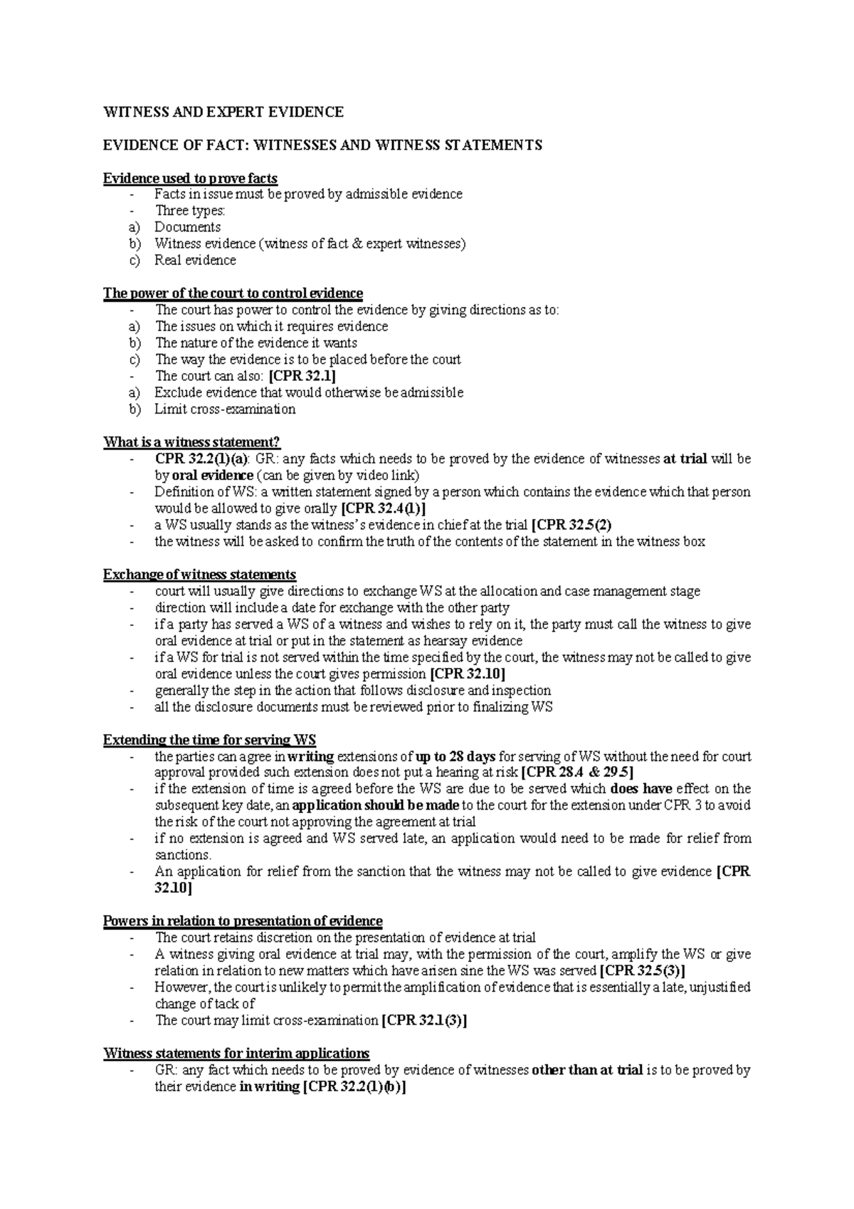 W7 Print: Witness & Expert Evidence Summary for PLS Course - Studocu