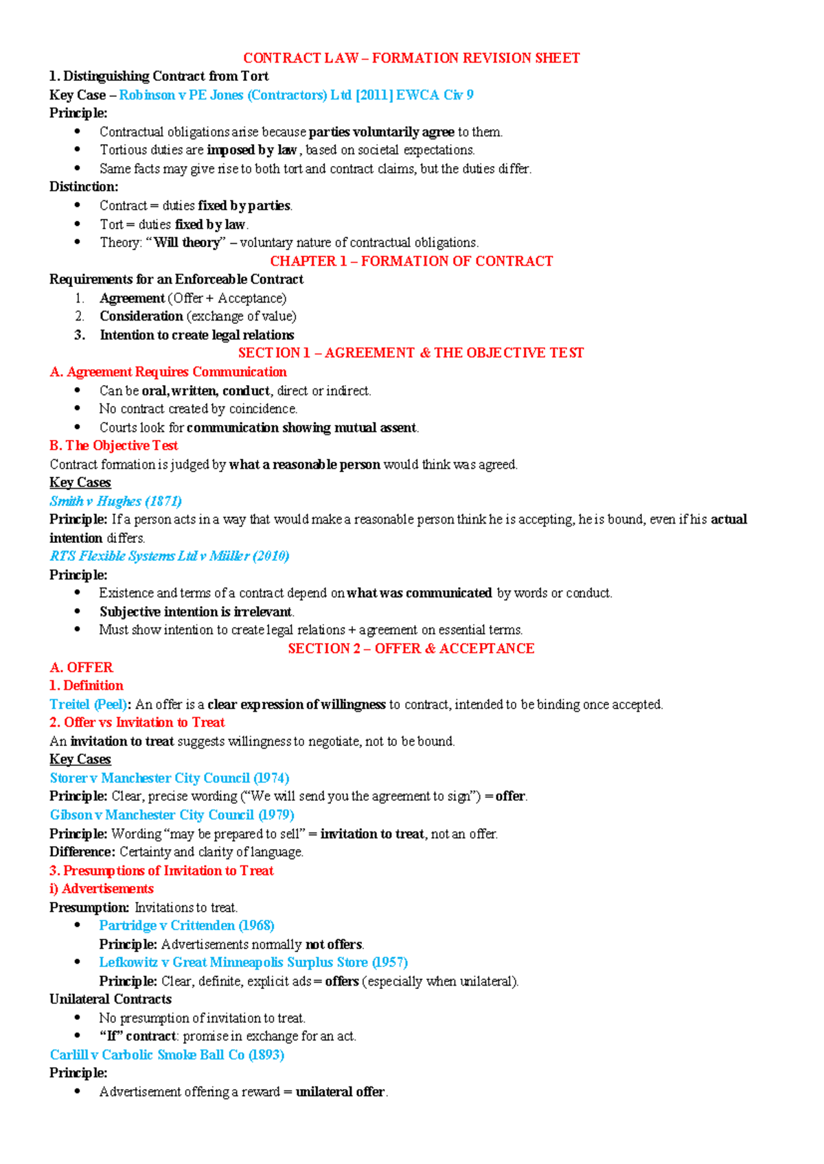 CONTRACT LAW S3 FORMATION REVISION SHEET: KEY PRINCIPLES & CASES - Studocu