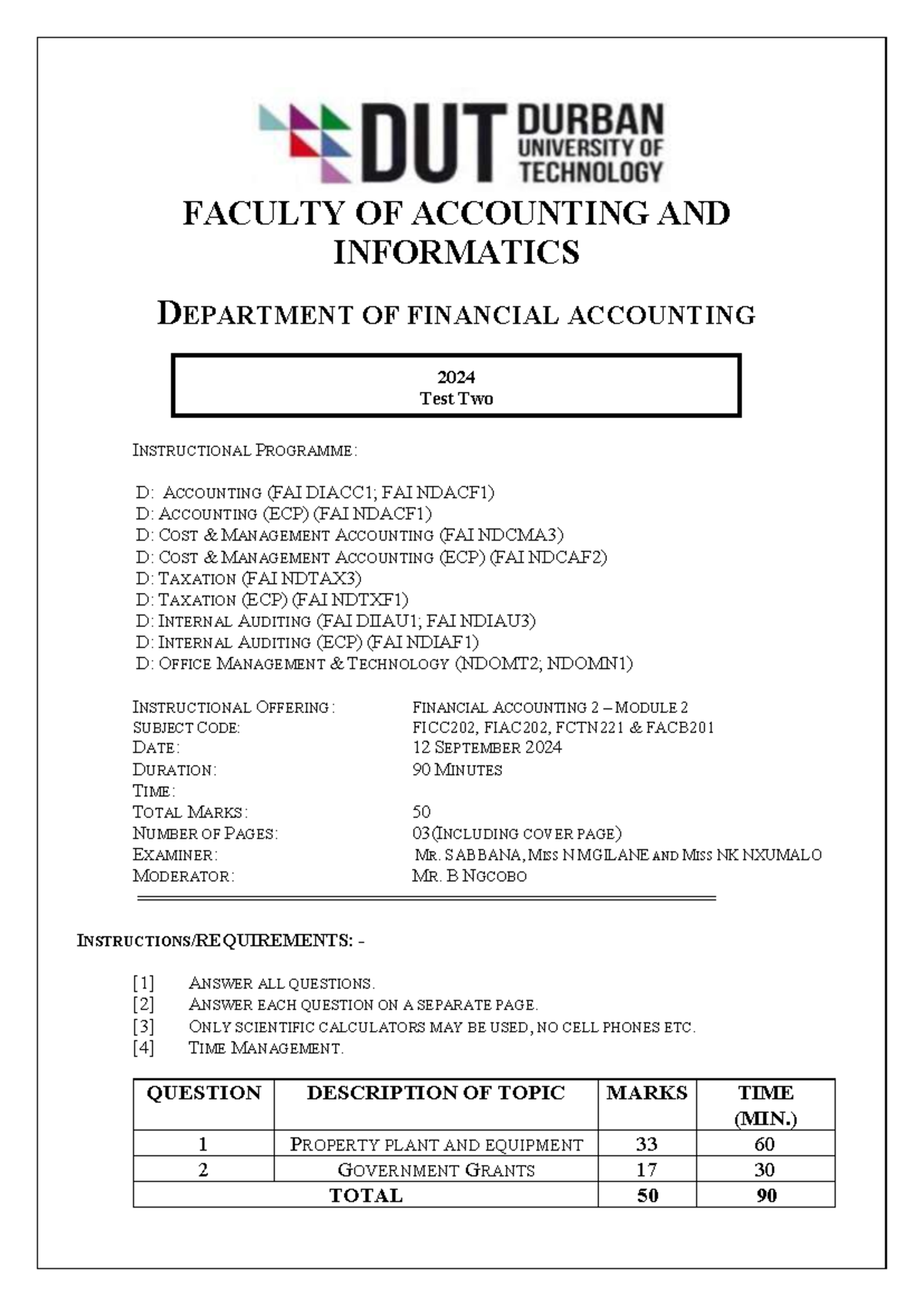 FAI NDACF1 Financial Accounting 2 Test 2 - September 2024 - Studocu
