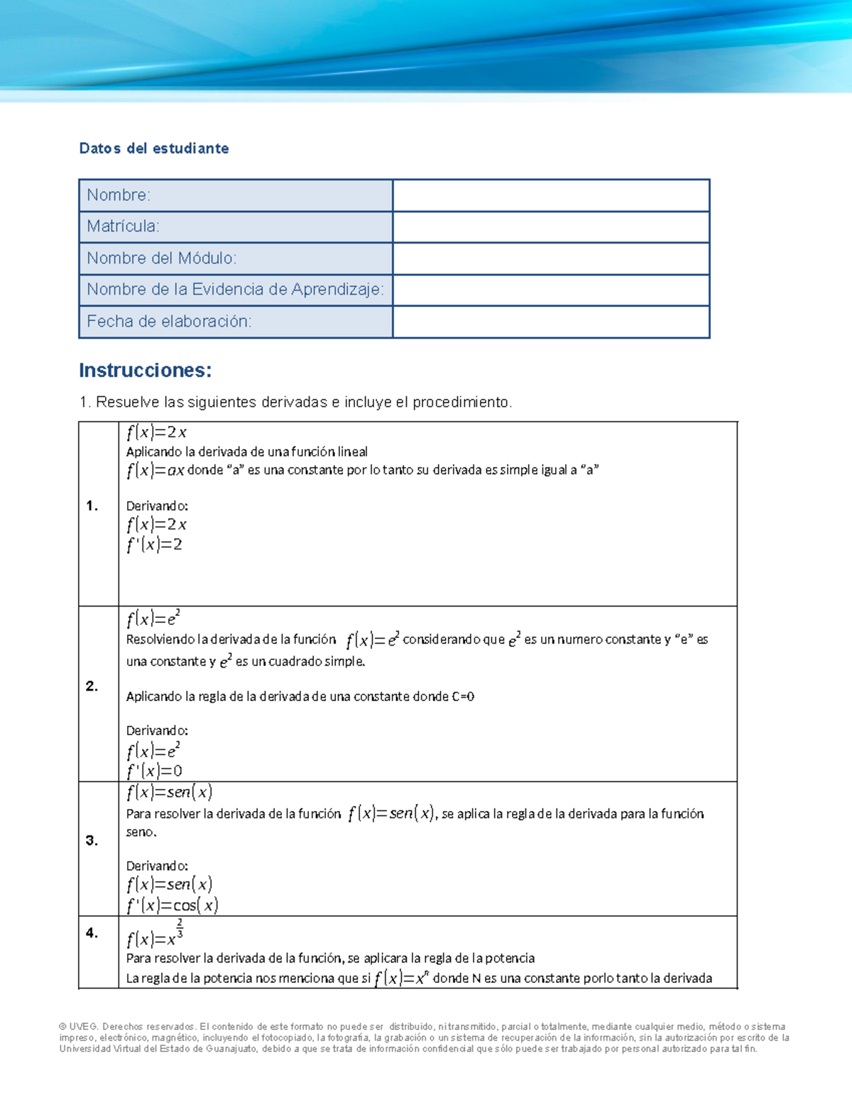 Derivadas - Ejercicio de Evidencia - Datos del estudiante Nombre ...