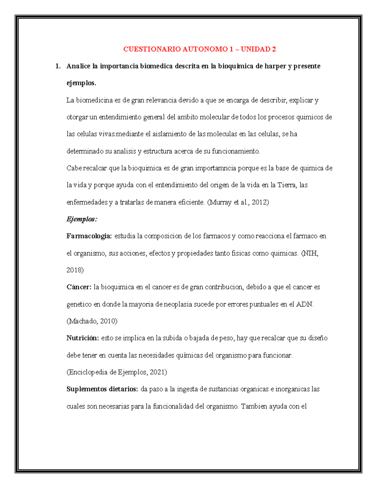 C1U2 - Importancia Biomédica y Propiedades del Agua en Bioquímica - Studocu