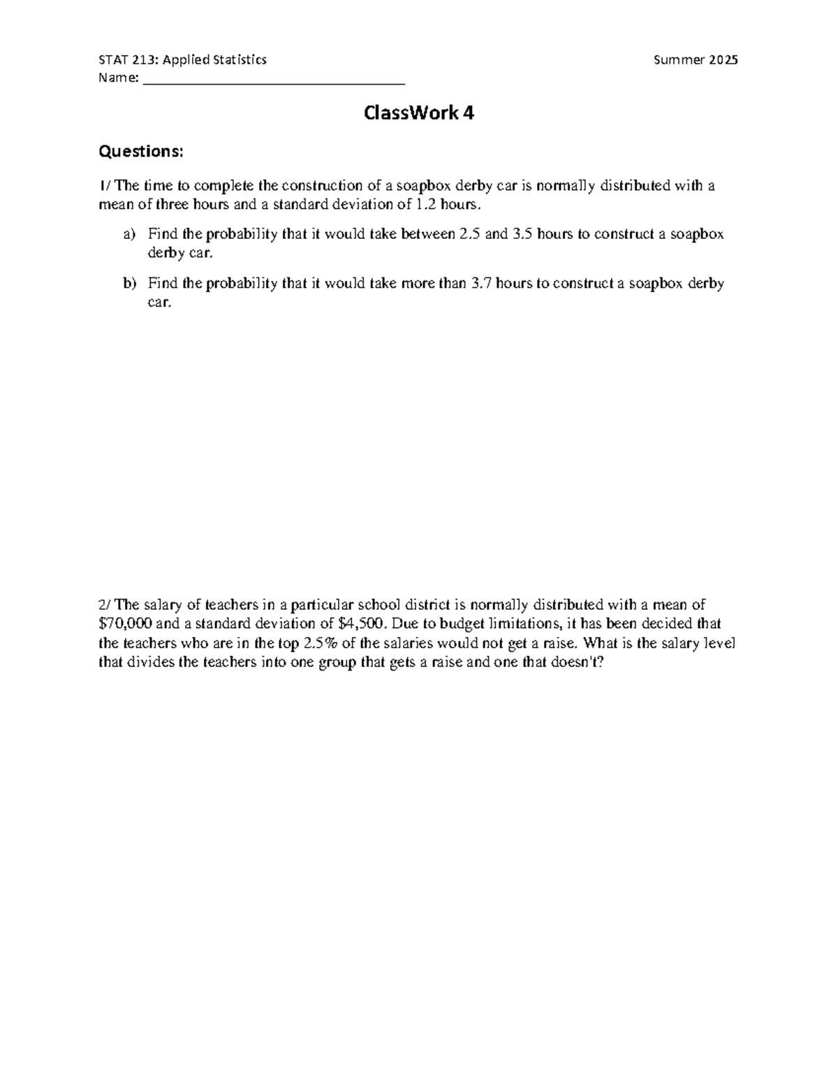 STAT 213: Applied Statistics Class Work 4 - Probability Questions - Studocu