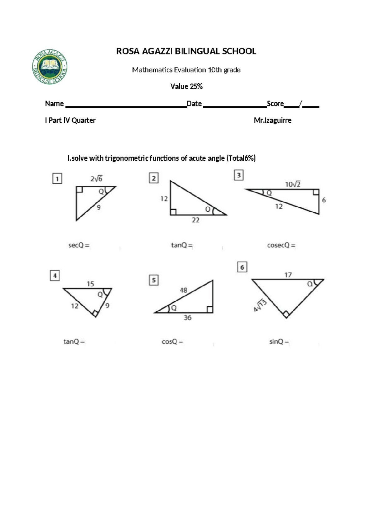Part l Quarter l V Math 10th grade - Matematicas - ROSA AGAZZI ...