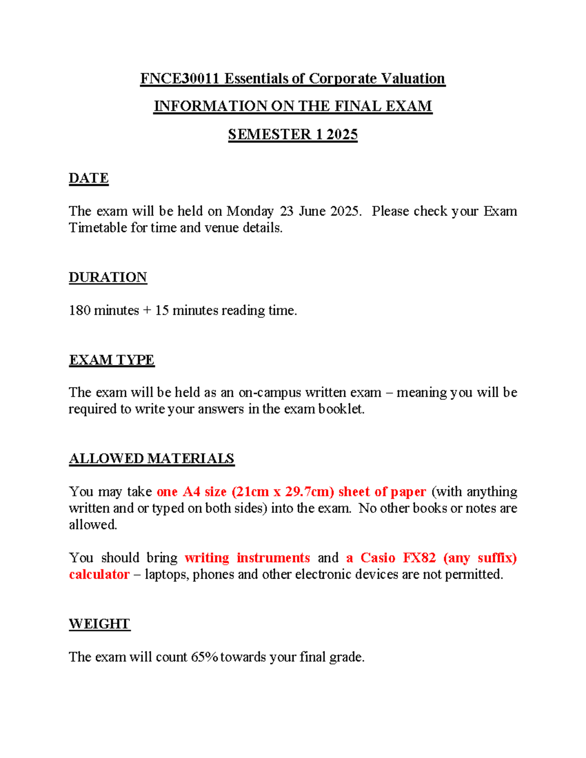 FNCE30011 Final Exam Information - Semester 1 2025 Details - Studocu