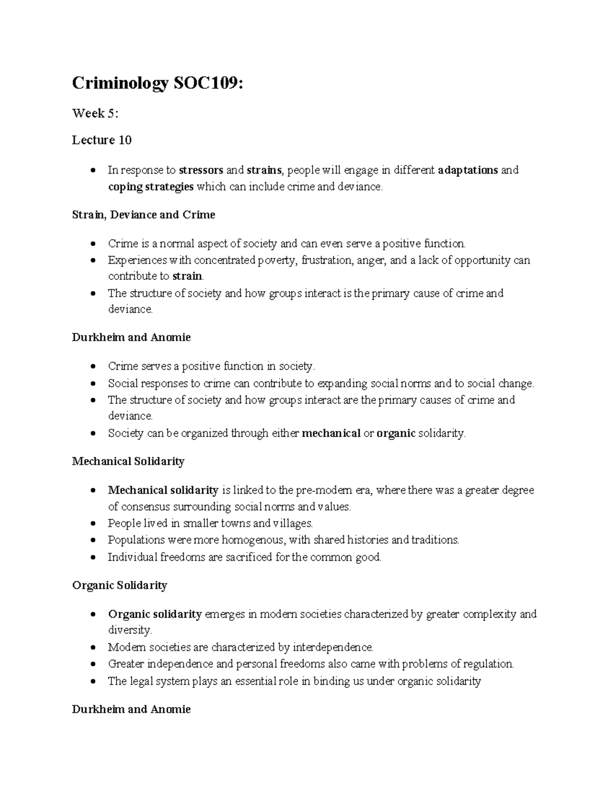 SOC109: Week 5 Lecture Notes on Strain, Deviance, and Crime - Studocu