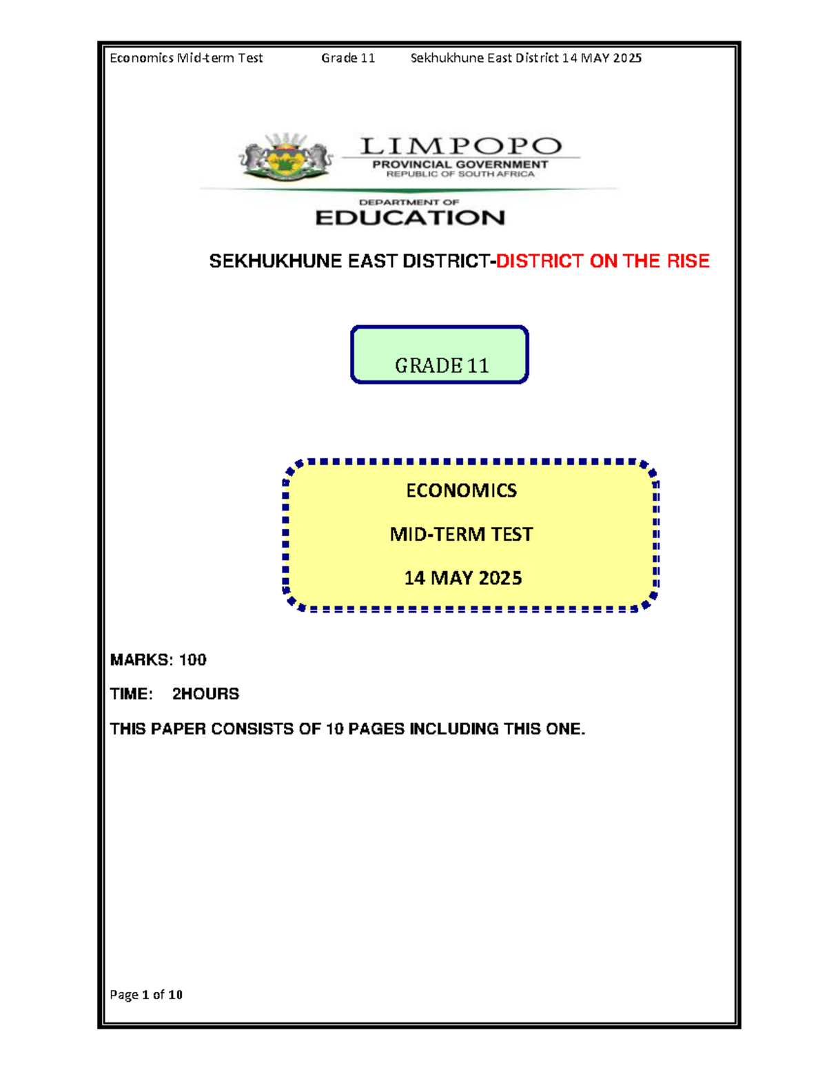 Grade 11 Economics Midterm Test - Sekhukhune East District (14 May 2025 ...