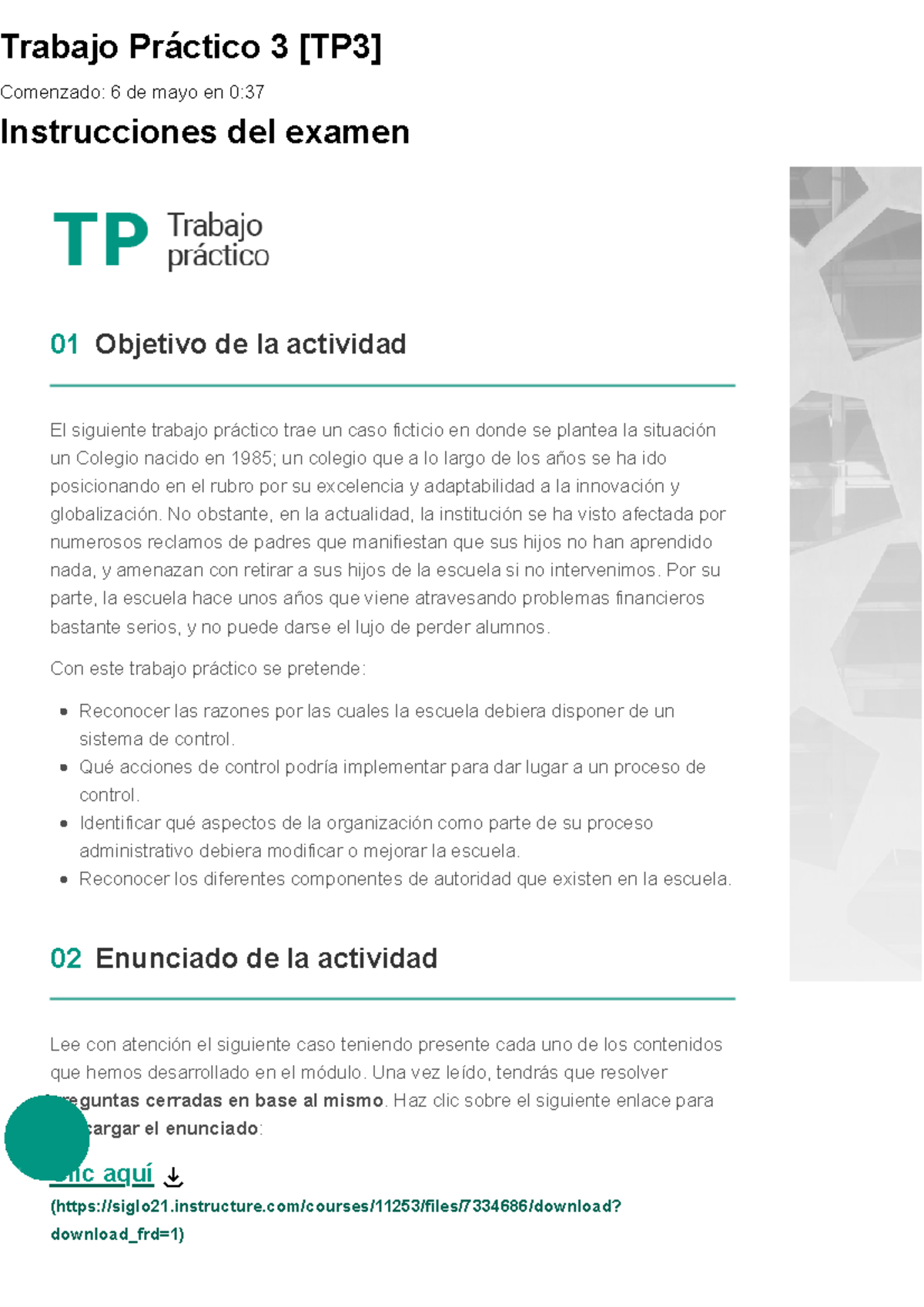 TP3: Caso de Estudio sobre Control en el Colegio Siglo 21 - Document Preview