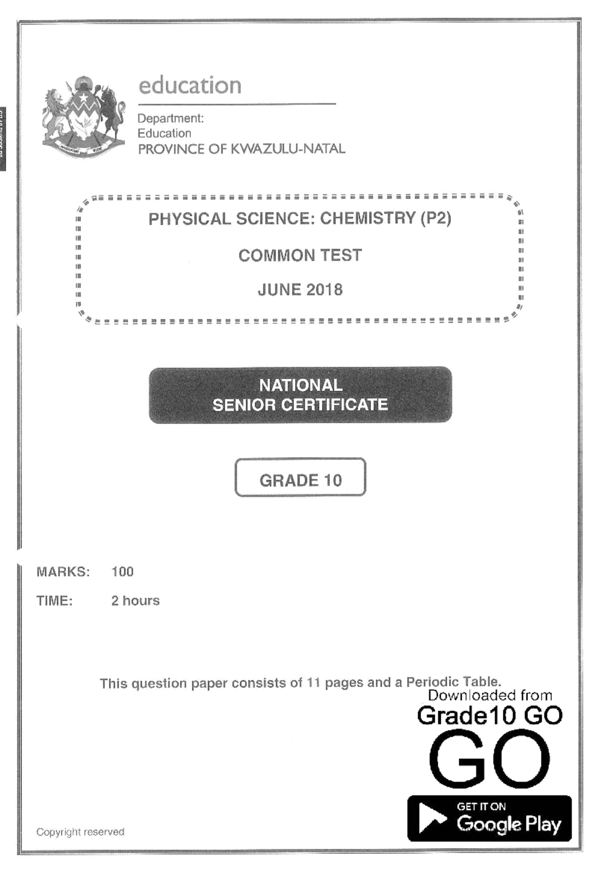 Physical Sciences P2 Common Test June 2018 - Grade 10 Exam Paper - Studocu