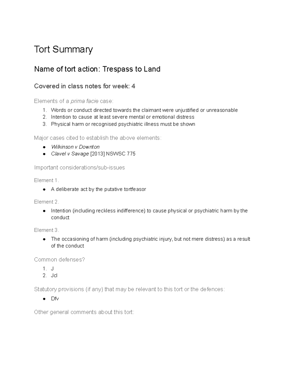 Tort Summary: Trespass to Land - Key Elements & Major Cases - Studocu