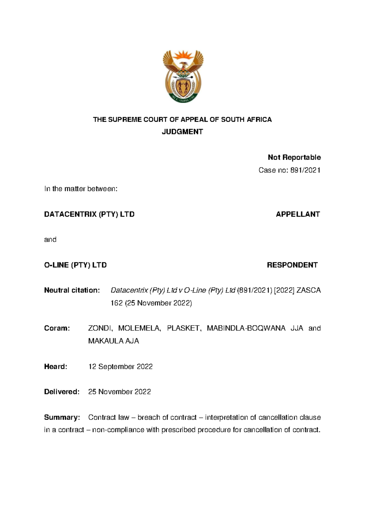 Unit 9 New Case Study - Datacentrix (Pty) Ltd v (Pty) Ltd Judgment ...