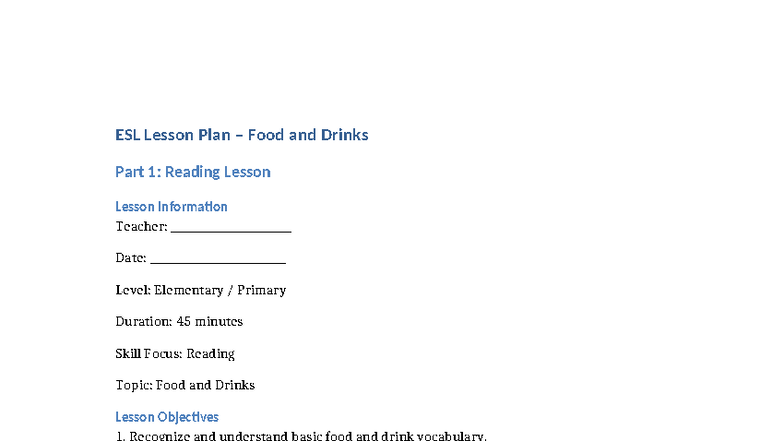 ESL Lesson Plan: Food and Drinks (Part 1) - Reading Skills - Document Preview