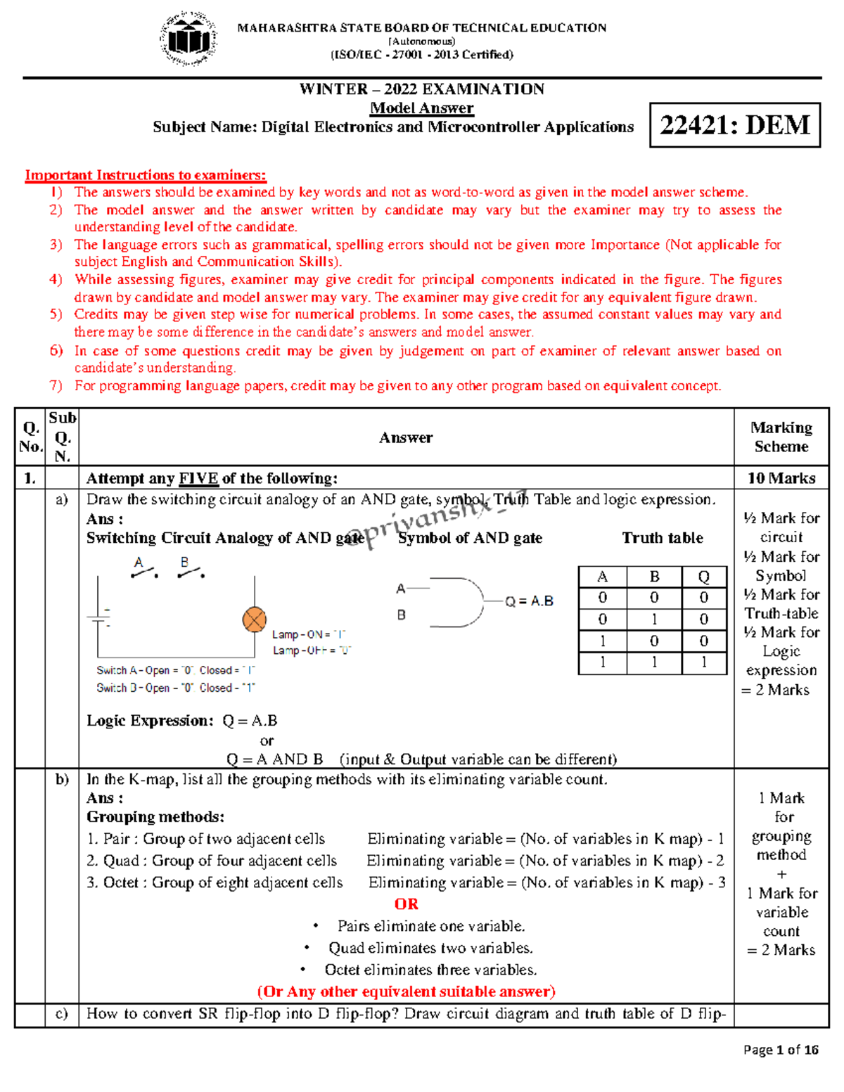DEM W-22 Model Answer for Digital Electronics & Microcontroller Apps ...