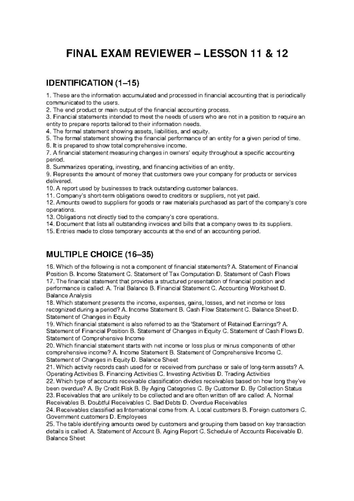 FINAL EXAM REVIEWER: FINANCIAL ACCOUNTING LESSONS 11 & 12 - Studocu