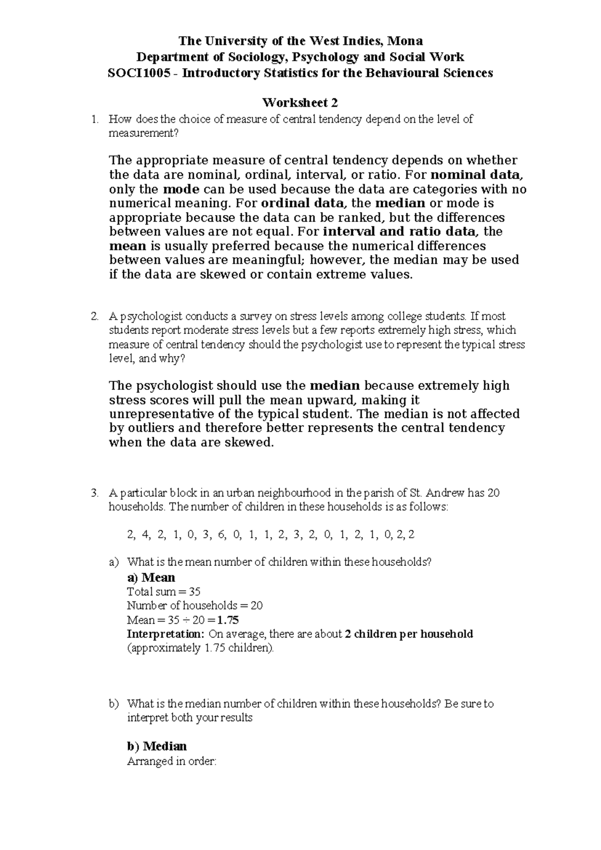 SOCI1005 Worksheet 2: Measures of Central Tendency in Stats - Studocu