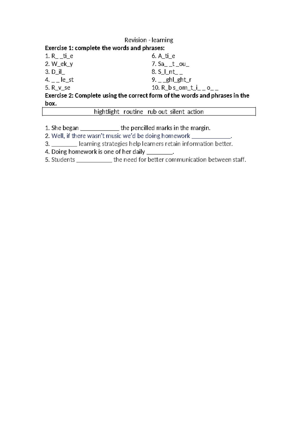 Revision Exercise 1: Complete the Words & Phrases for Learning - Studocu