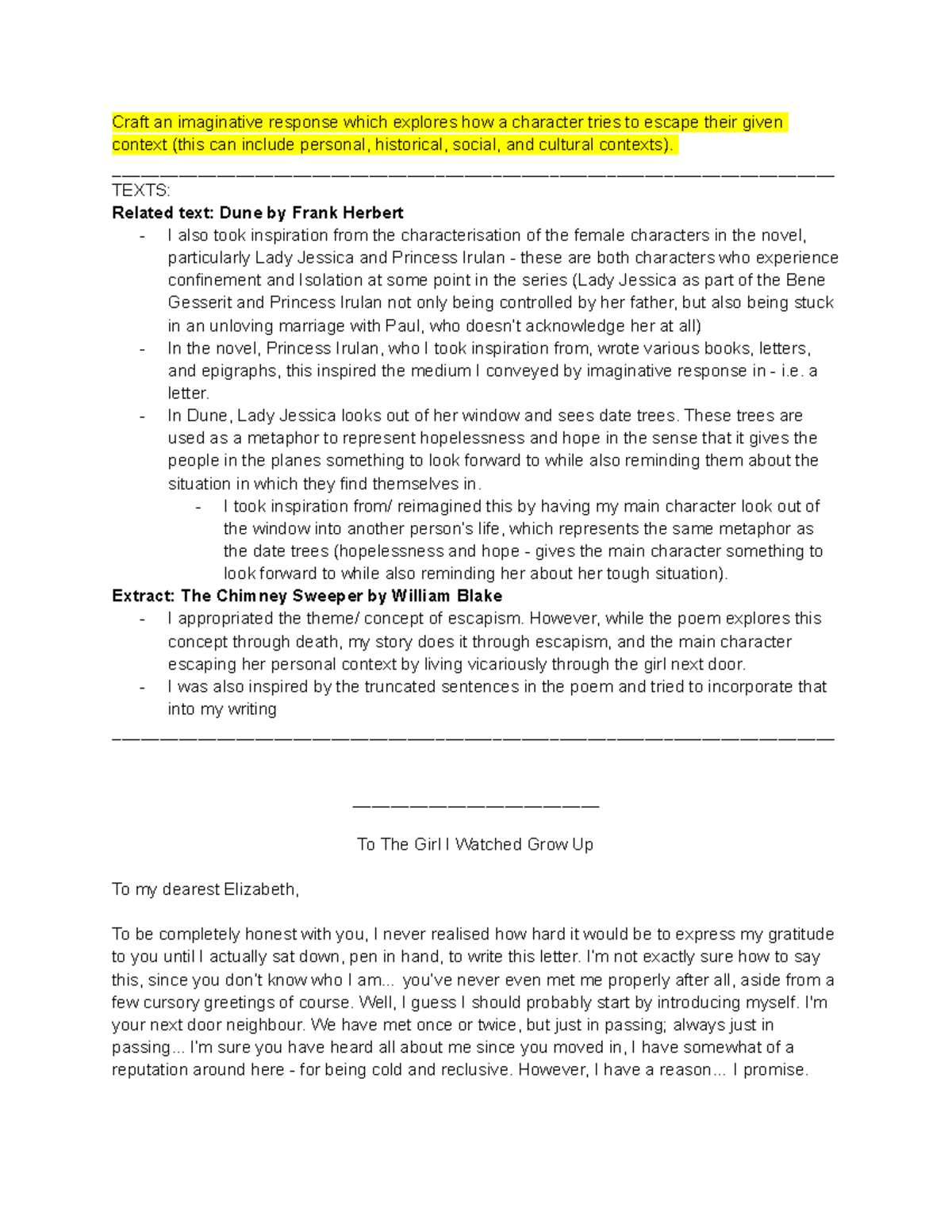 E1 Creative Writing: Exploring Escapism through Characterization - Studocu
