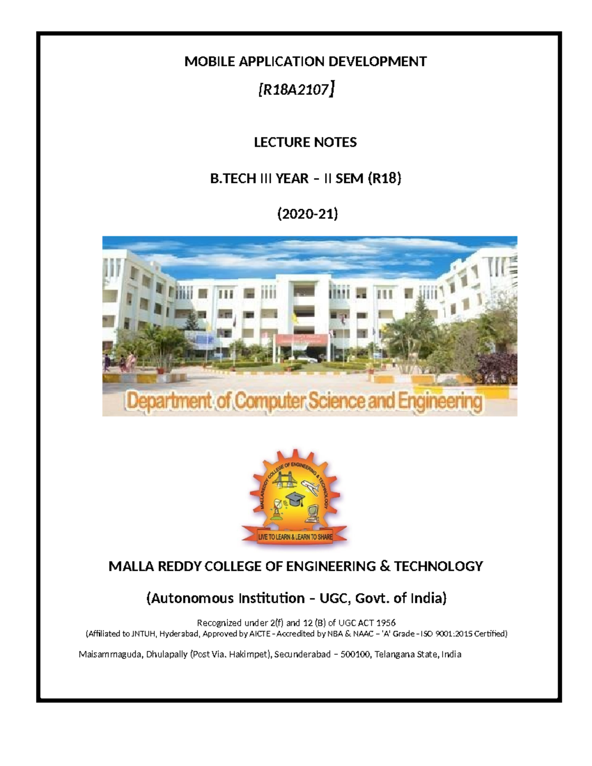 Mobile Application Development Lecture Notes (R18A2107) for B.Tech III ...