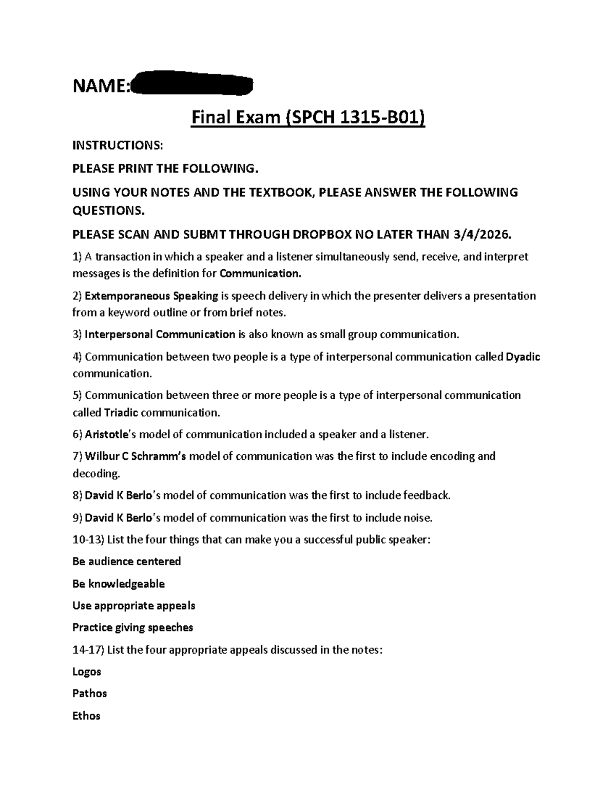 Final Exam Study Guide for SPCH 1315-B01 - Studocu