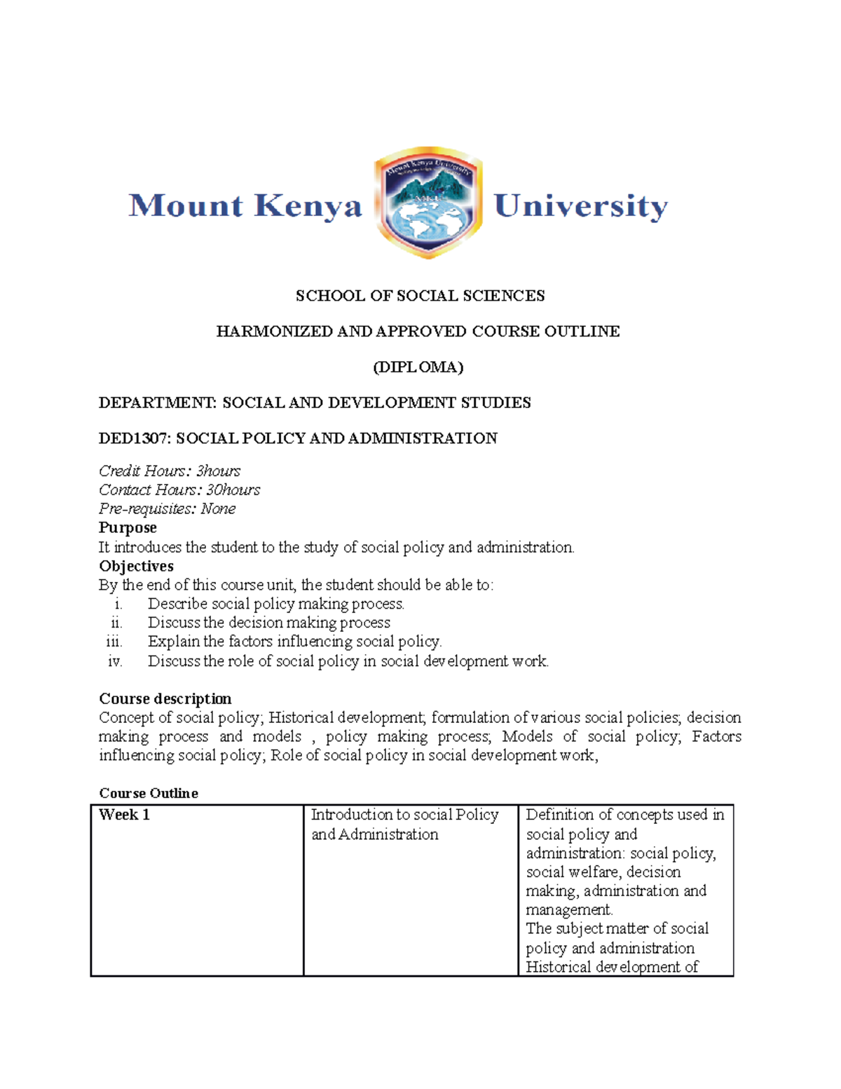DED 1307Social Policy and Administration Course Outline - SCHOOL OF ...