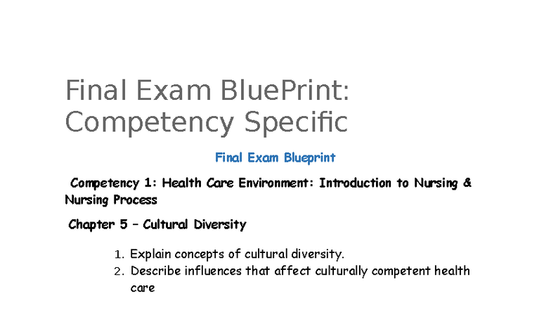 NUR 101 Final Exam Blueprint: Key Competencies and Concepts - Studocu