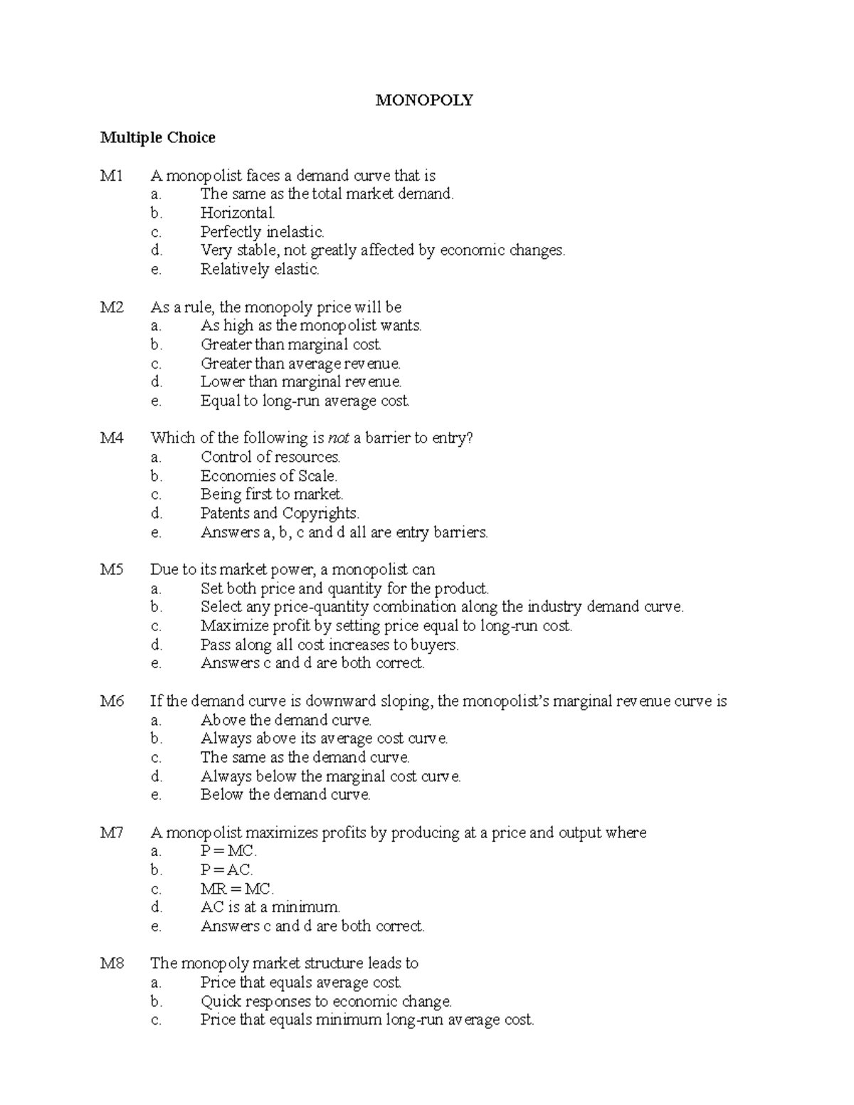Assignment 6 - Monopoly and Monopolistic Competition Study Guide - Studocu